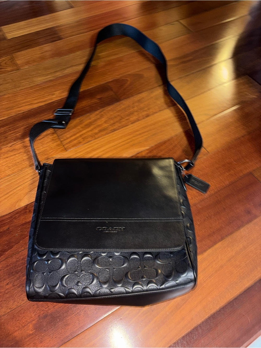 Coach Black Signature Embossed Leather Messenger Bag